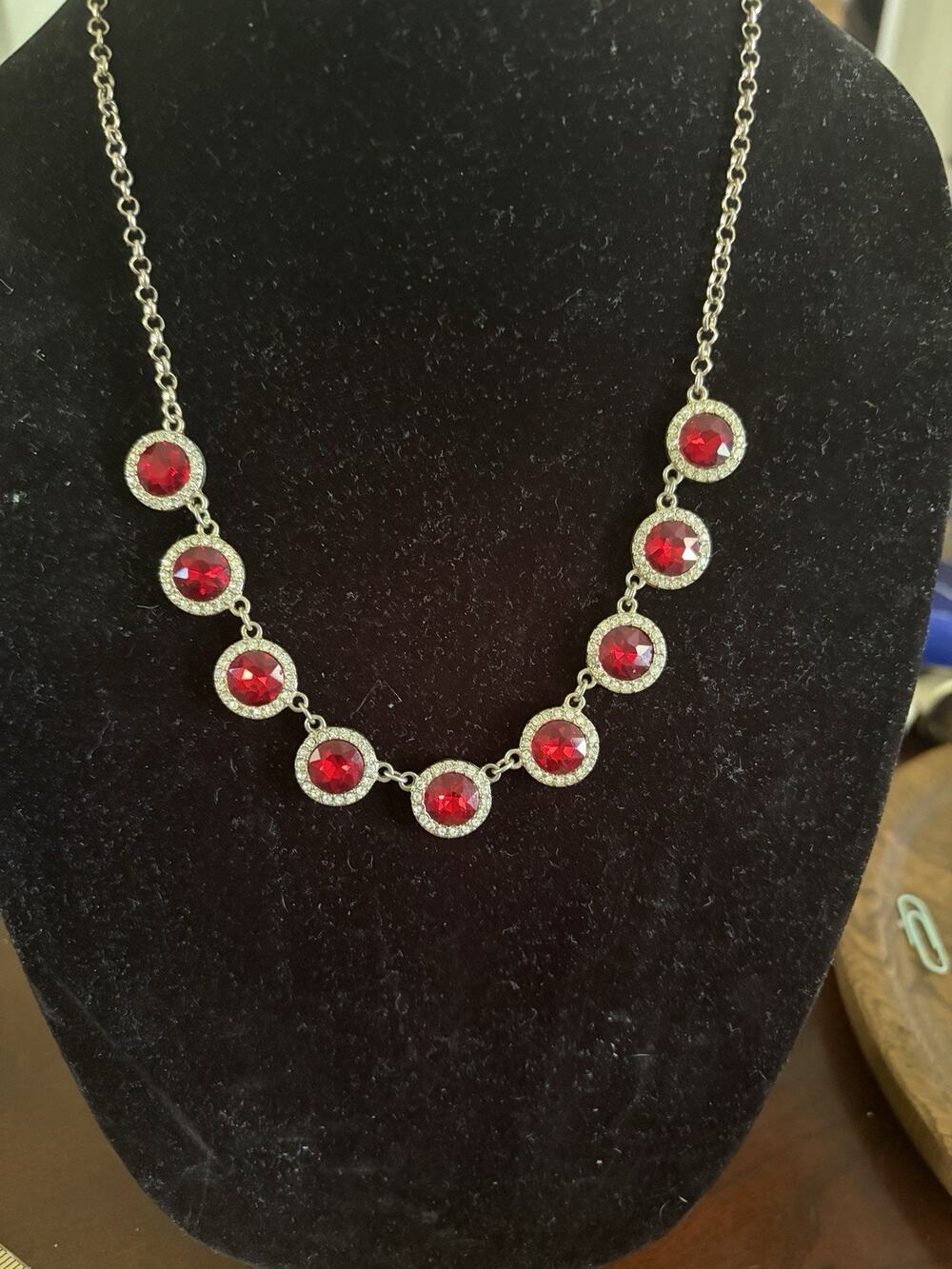 Red With Rhinestones Vintage Necklace Approx 22 Inches
